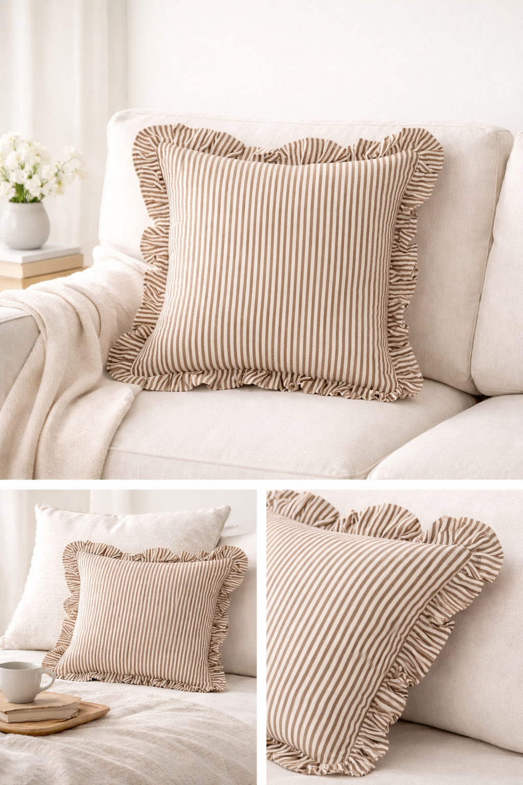 RUFFLE THIN STRIPE PILLOW BROWN