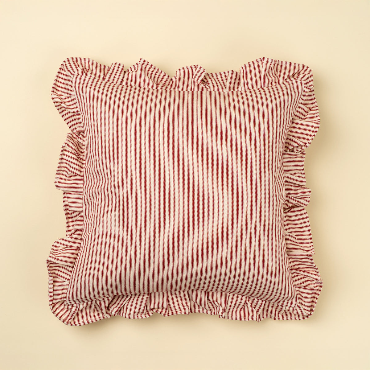 RED TICKING RUFFLE PILLOW