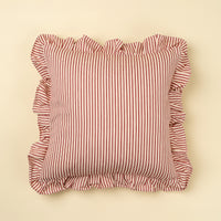 RED TICKING RUFFLE PILLOW