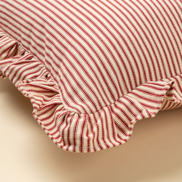 RED TICKING RUFFLE PILLOW