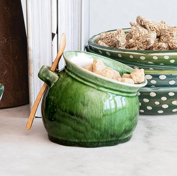 GREEN STONEWARE SALT POT WITH SPOON