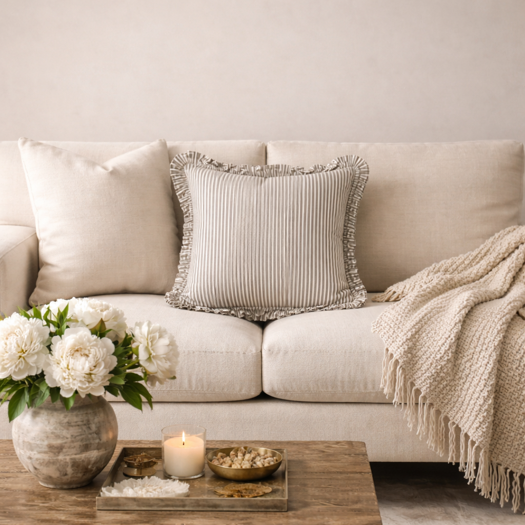 RUFFLE THIN STRIPE PILLOW GREY