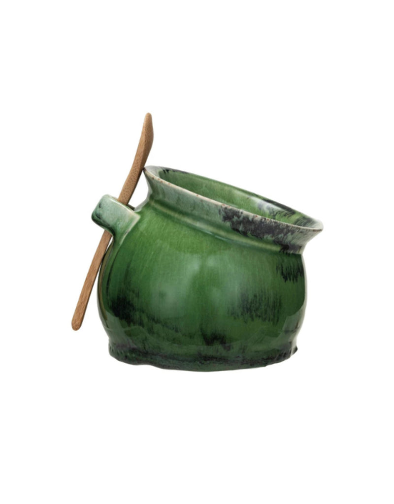 GREEN STONEWARE SALT POT WITH SPOON