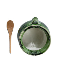 GREEN STONEWARE SALT POT WITH SPOON